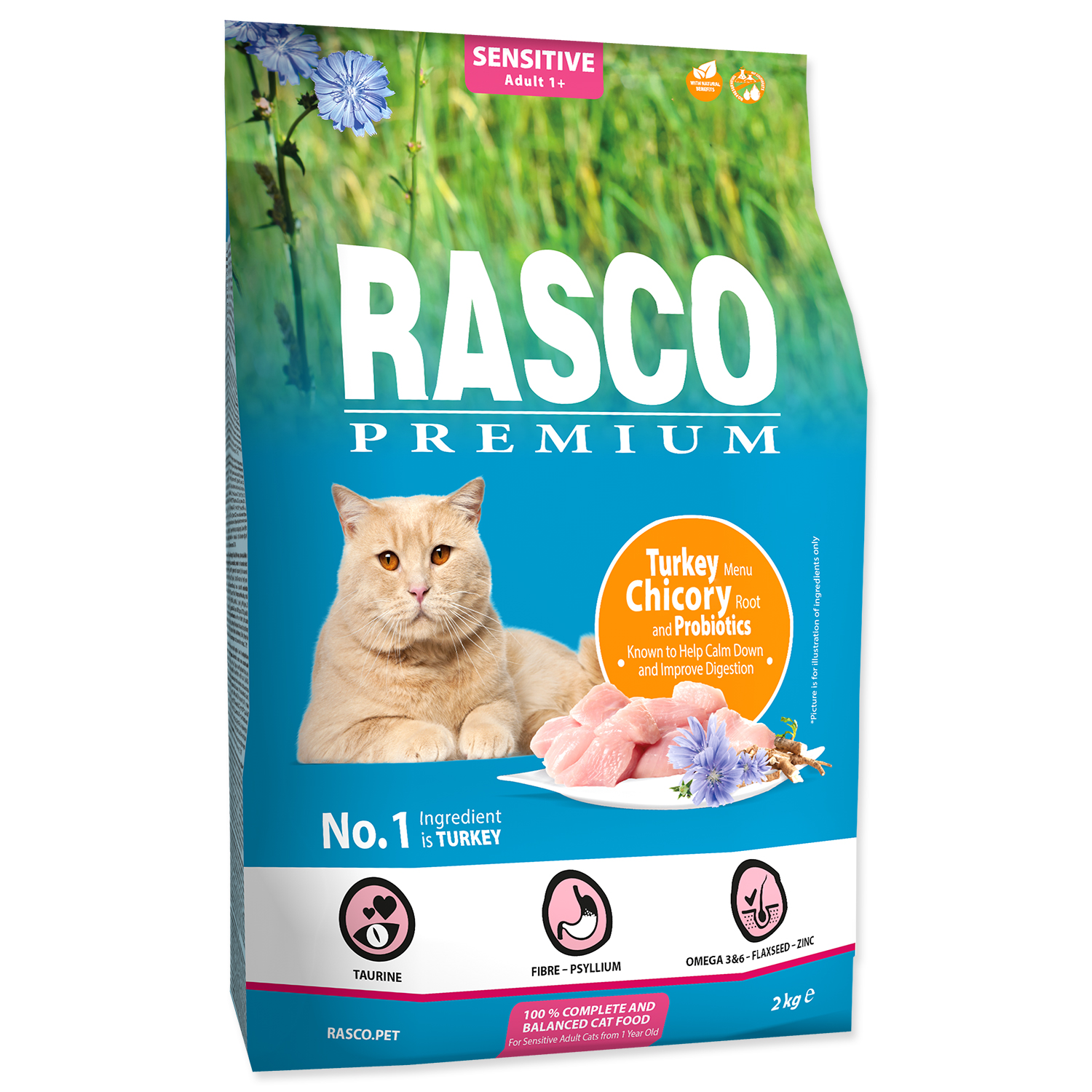 RASCO Premium Cat Kibbles Sensitive, Turkey, Chicory, Root Lactic acid bacteria 2 kg