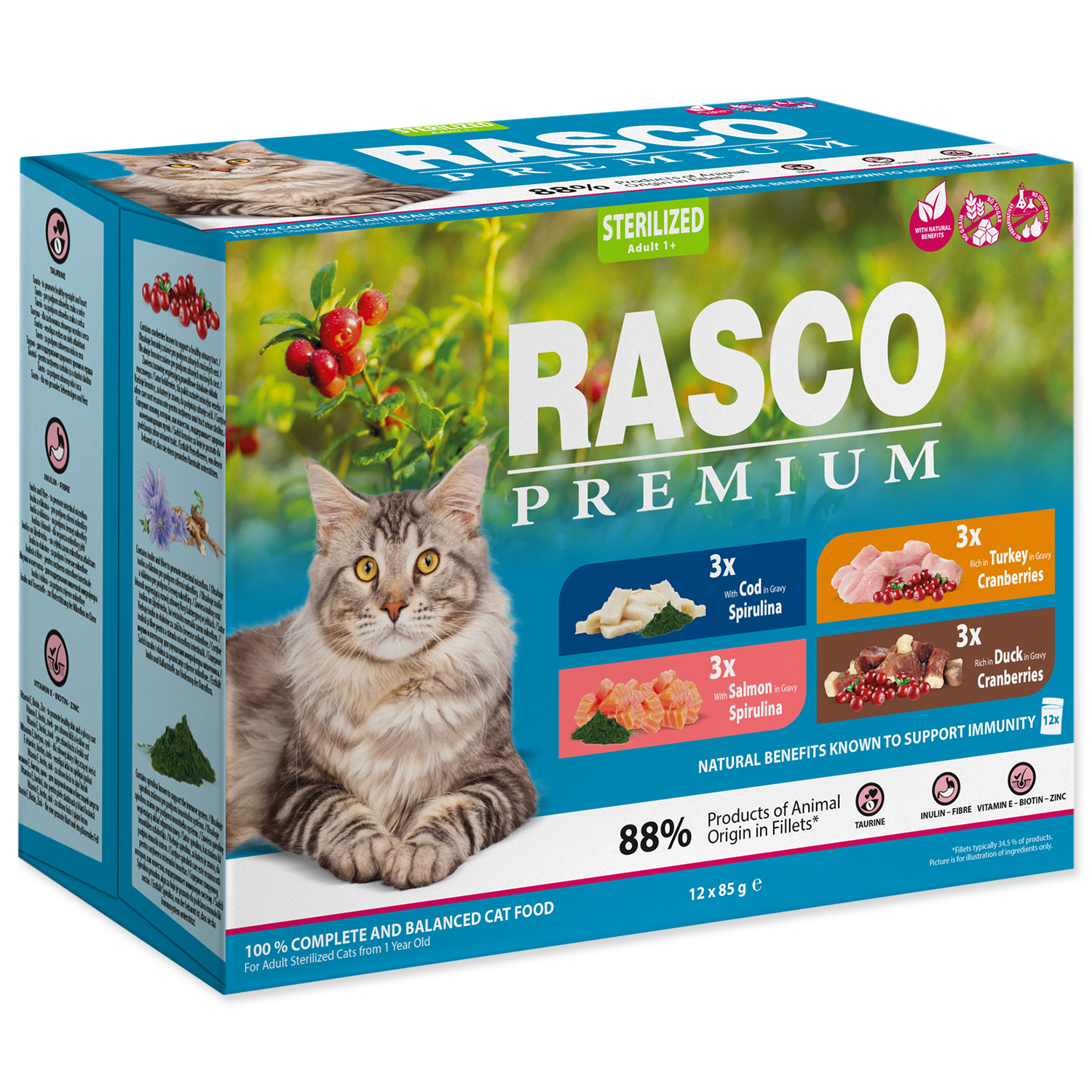 Rasco Kapsičky RASCO Premium Cat Pouch Sterilized - 3x salmon, 3x cod, 3x duck, 3x turkey 1020 g