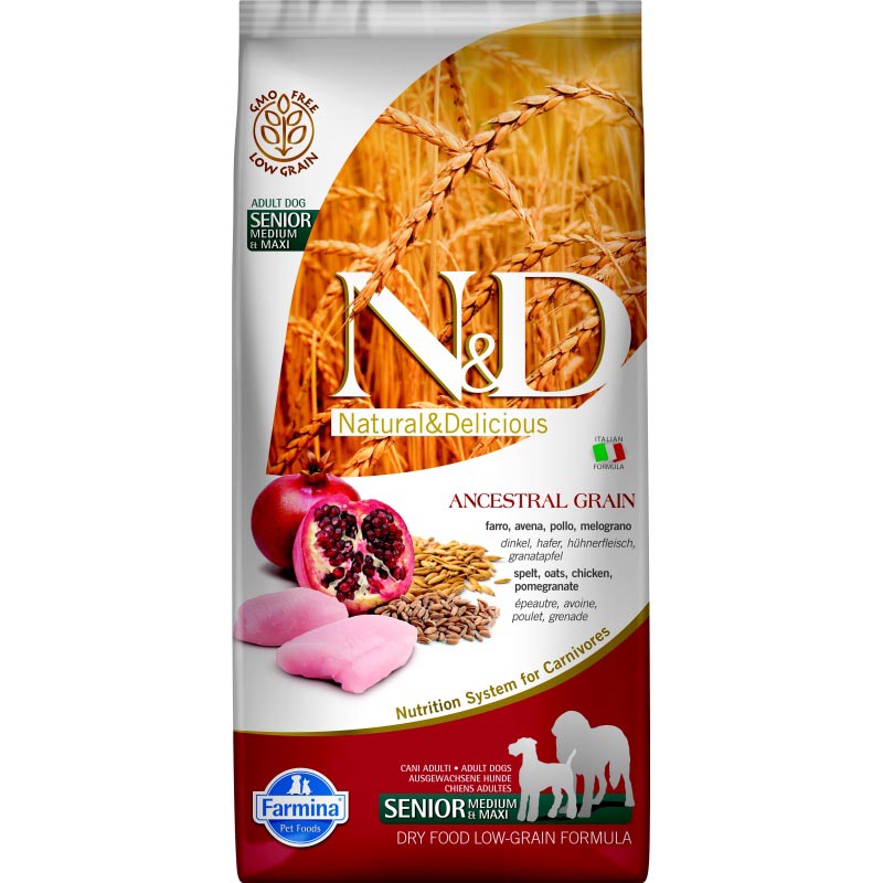 N&D ANCESTRAL GRAIN Dog LG Chicken, Spelt, Oats & Pomegranate Senior Medium & Maxi 12 kg
