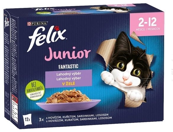 Felix Fantastic Junior s hovězím, kuřetem, sardinami a lososem v želé 12x85g