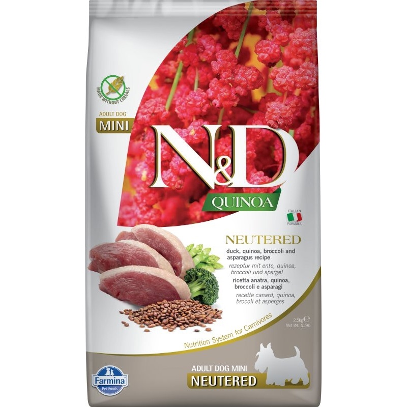 N&D QUINOA Dog GF Duck, Broccoli & Asparagus Neutered Adult Mini 2,5 kg