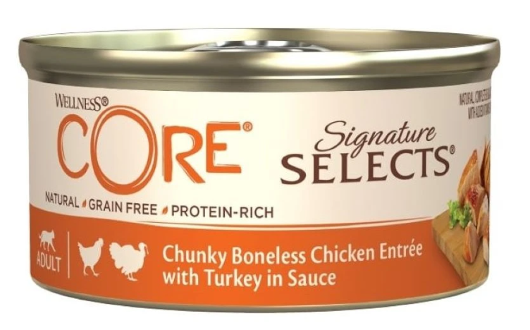 Konz.Wellness Core Cat Sign.Selec. Kousky kurete s krutou v omacce 79g