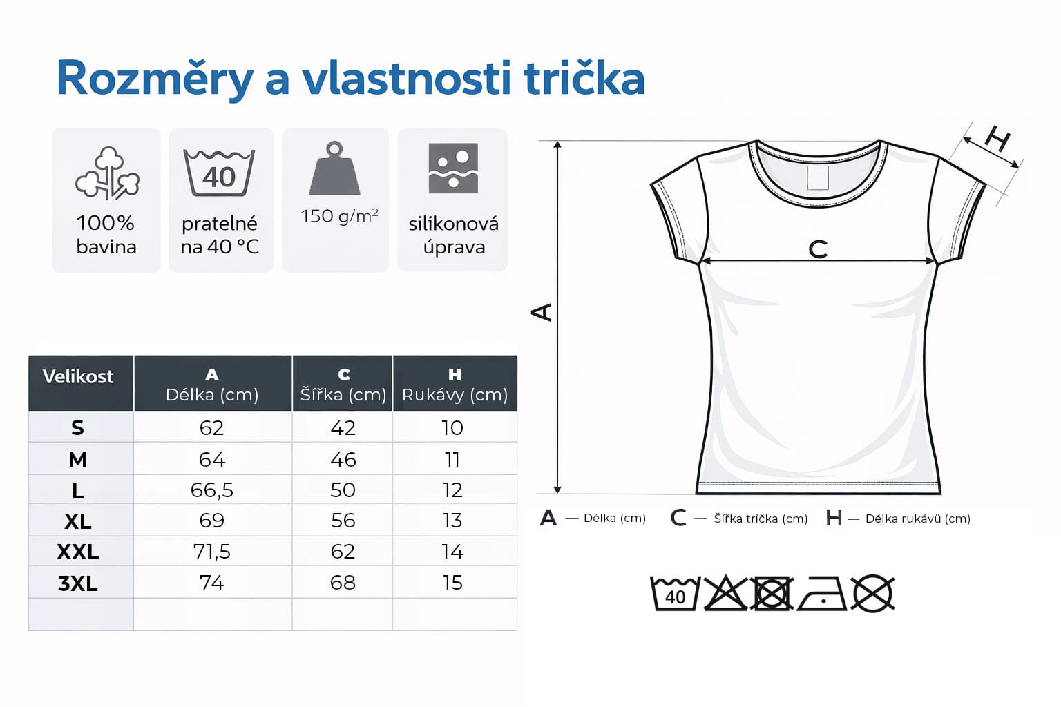 Rozměry a vlastnosti dámského trička ve velikostech S až 3XL