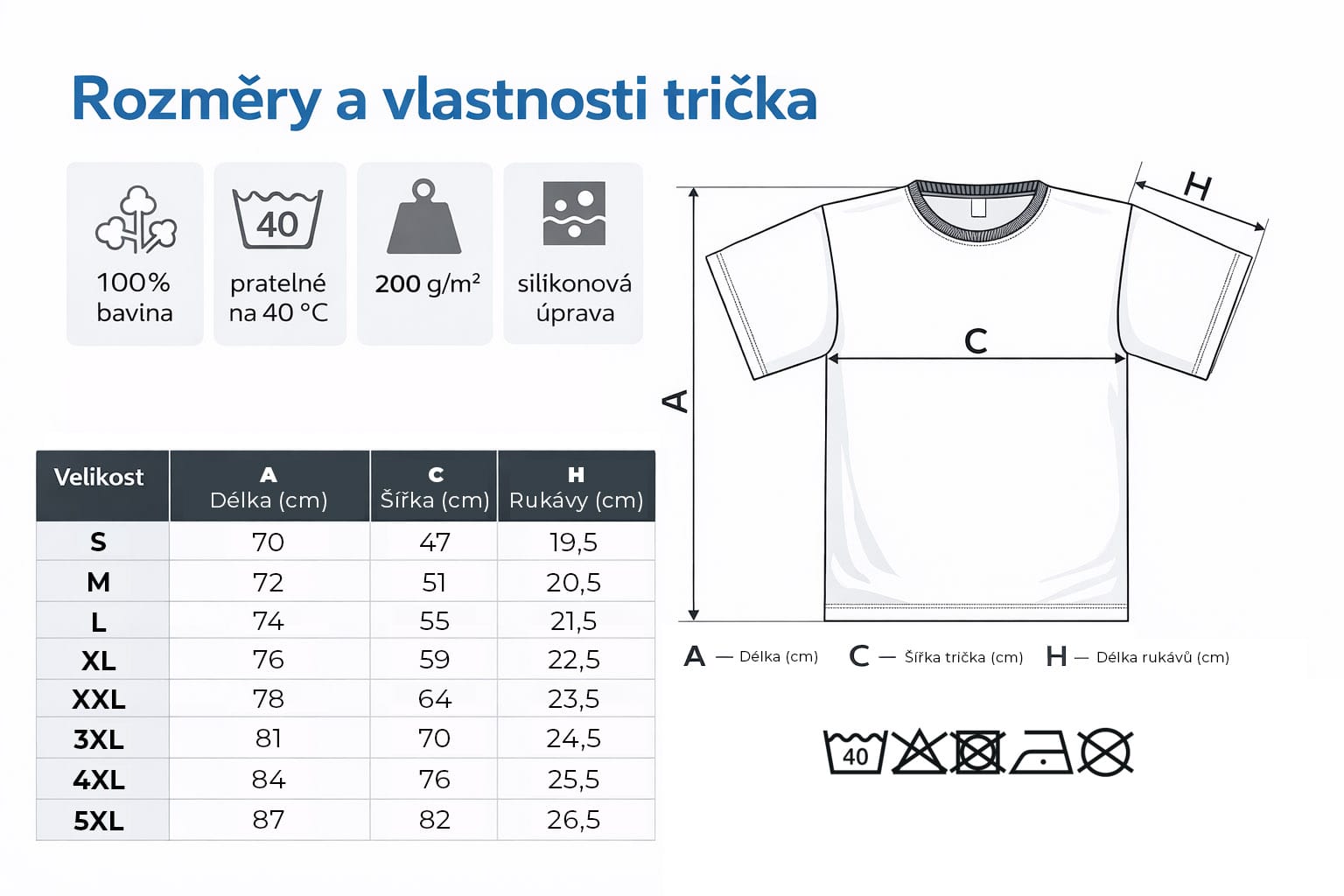 Rozměry a vlastnosti pánského trička ve velikostech S až 5XL